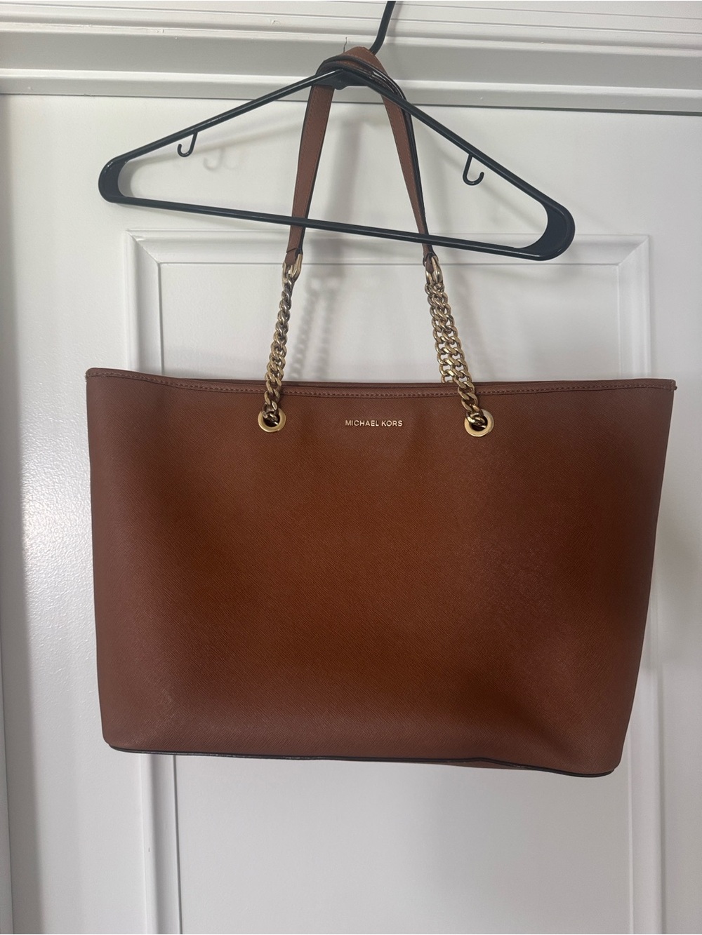 MICHAEL KORS Cognac Leather Tote with Gold Chain Straps